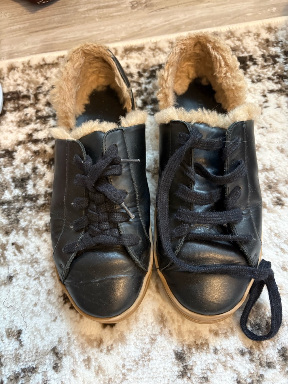 Freda Salvador Black Faux-Fur Lined Lace-Up Flats